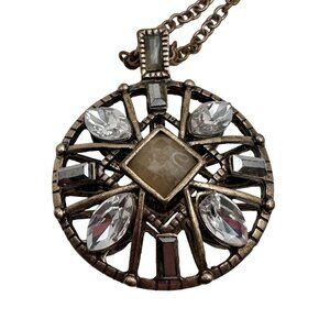 Medallion Pendant Necklace Women 28" Chain Antique Gold Tone Puffed 1.5" Across